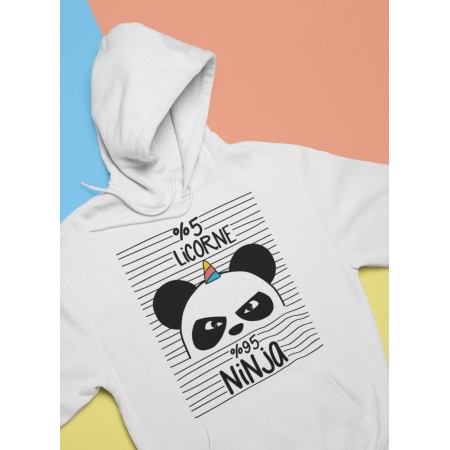 Sweat Shirt BLANC Capuche 5% licorne, 95% ninja, le Panda Ninja